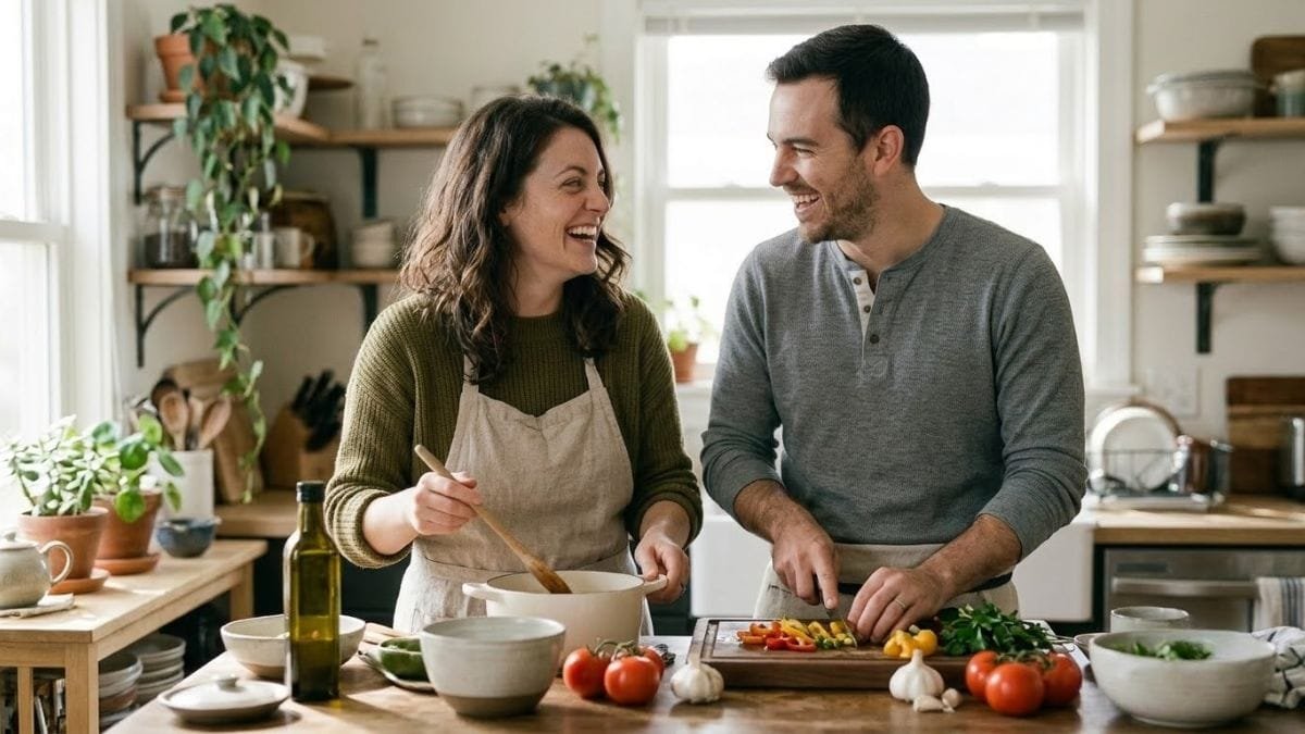 Couple cooking together and laughing in a bright home kitchen