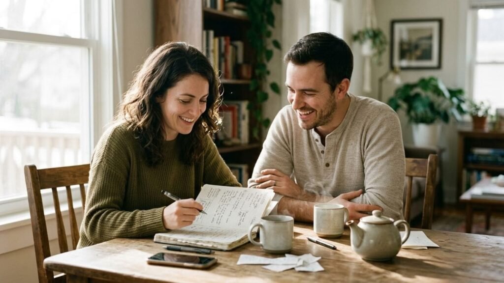 Couple planning together at a table, what makes a relationship successful