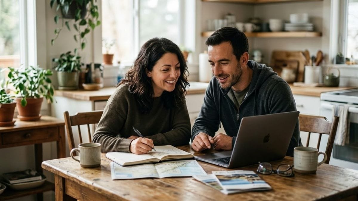 Couple planning together on a laptop at a kitchen table