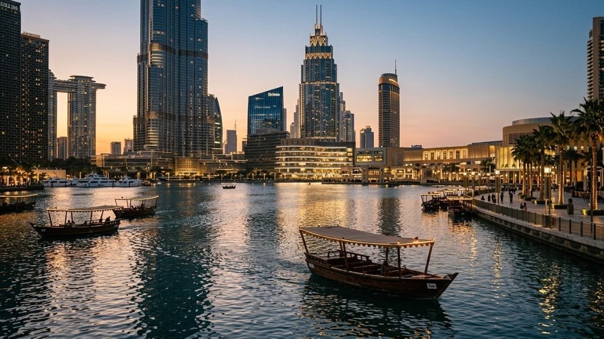 Dubai skyline across the creek at dusk, places to visit in dubai