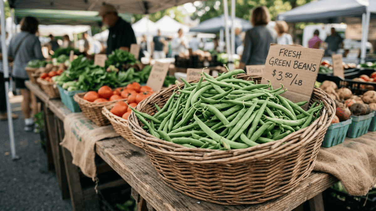 Fresh green beans piled in a wicker basket at a market