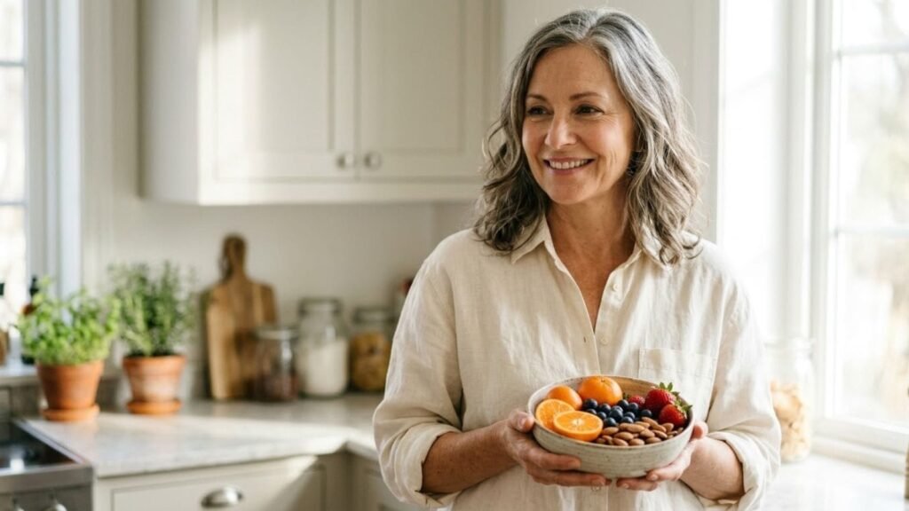 Radiant woman holding a bowl of oranges, berries and almonds, foods that fight aging