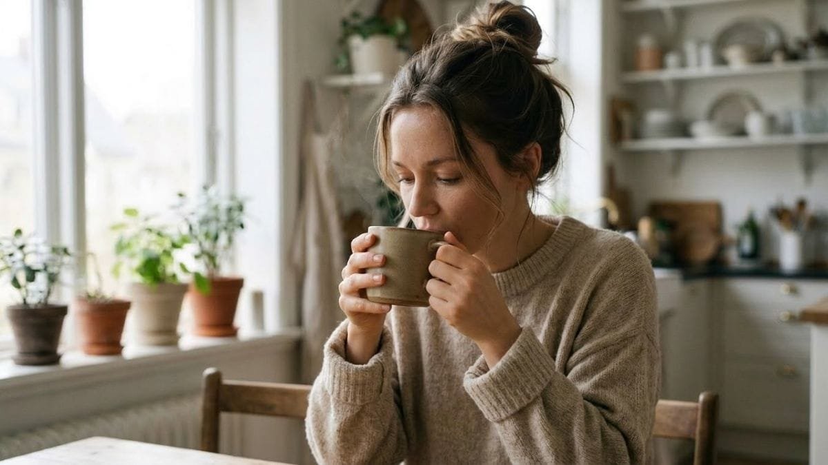 Relaxed woman sipping herbal tea by a window, foods that help with anxiety