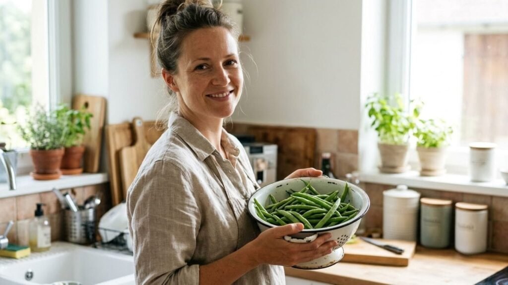 Smiling woman holding a colander of fresh green beans, green beans benefits