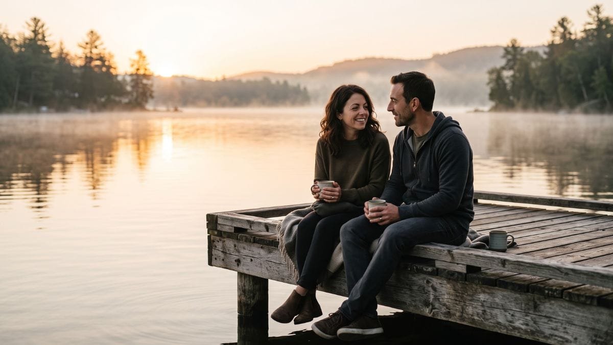 Two people sitting together on a lake dock at sunrise