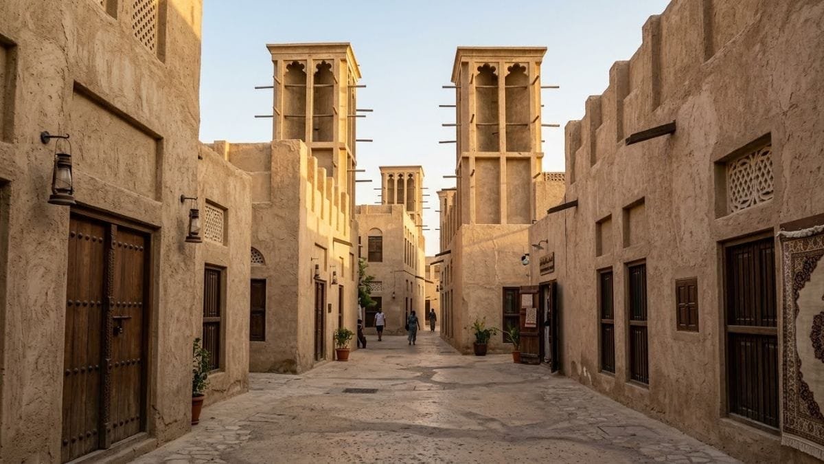 Wind towers and narrow alleys in a historic Dubai district