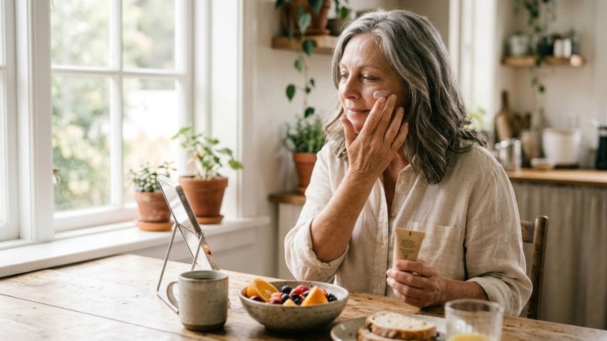 Woman applying sunscreen next to a fruit breakfast, foods that fight aging