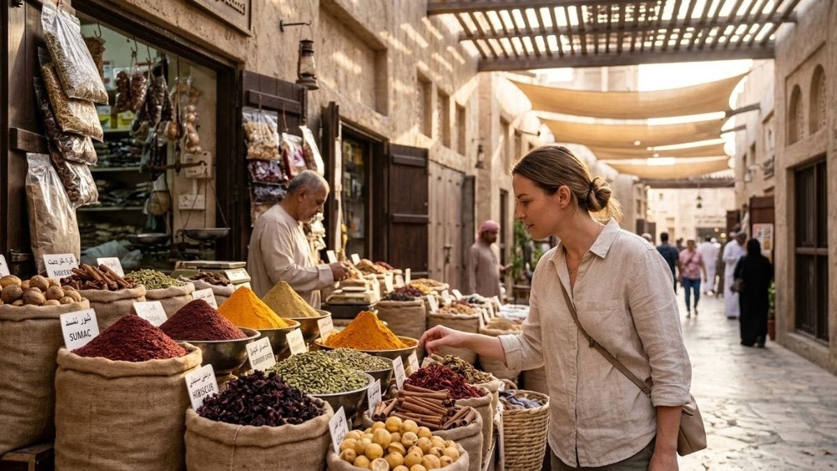 Woman browsing spices at a souk stall, places to visit in dubai