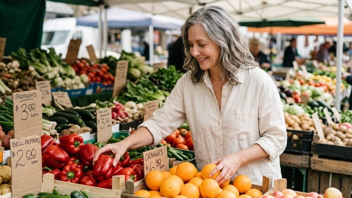 Woman choosing peppers and oranges at a market, foods that fight aging