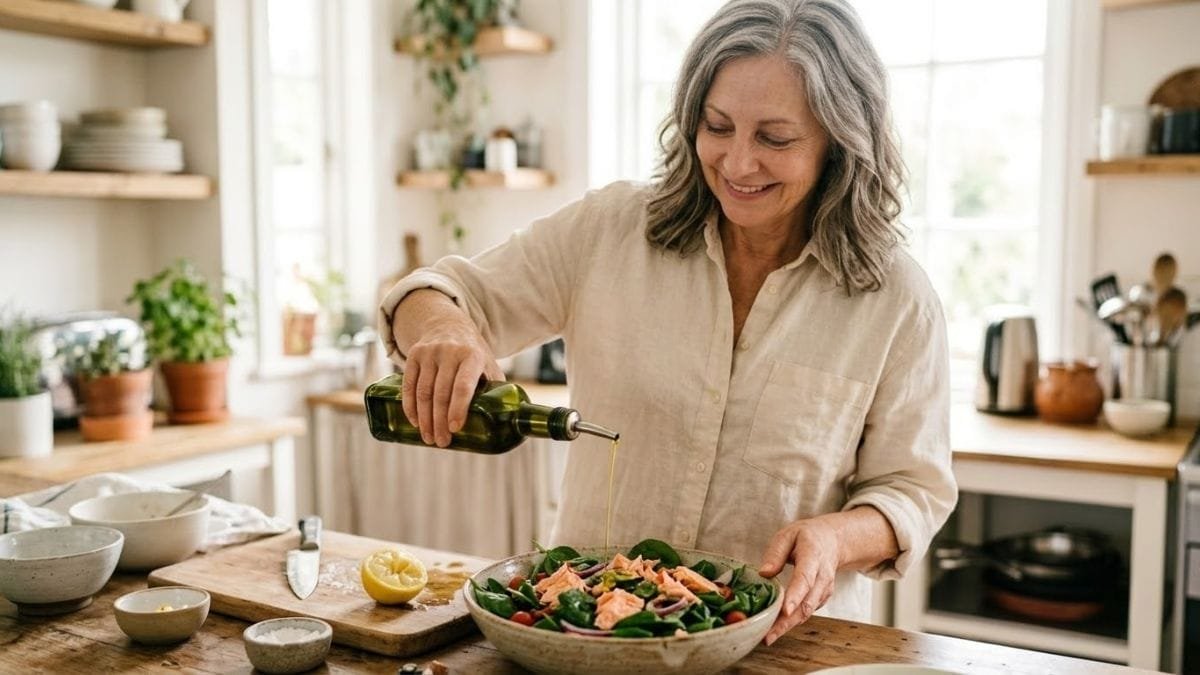 Woman drizzling olive oil over a salmon and spinach salad