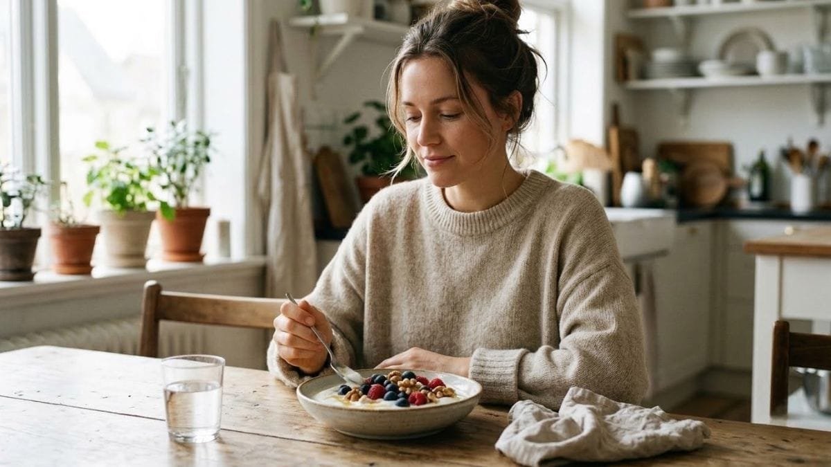 Woman eating yogurt with berries and walnuts at breakfast, foods that help with anxiety