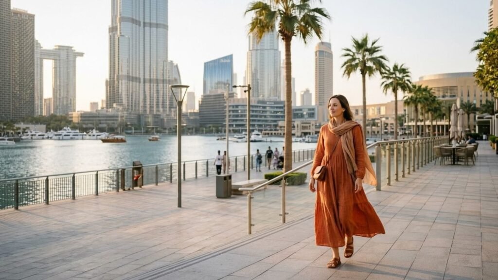 Woman on a Dubai waterfront promenade with a tall tower, places to visit in Dubai