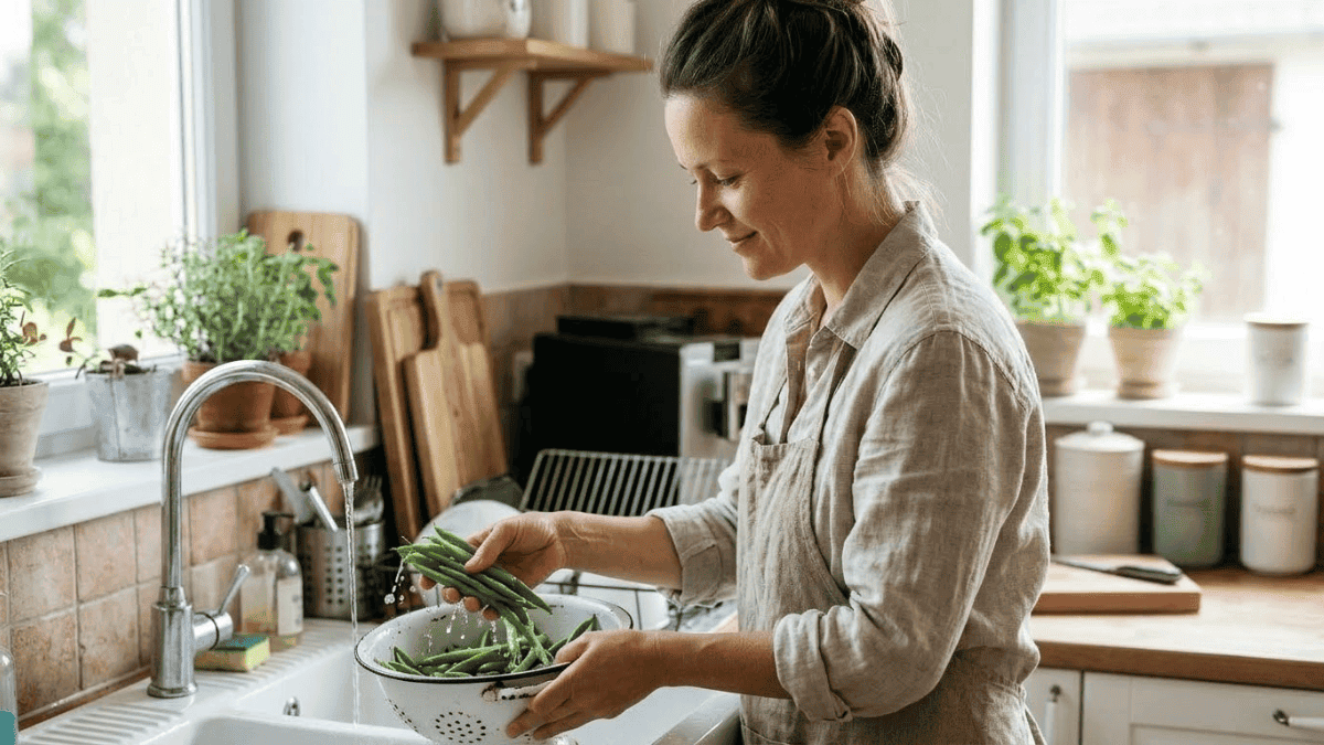 Woman rinsing fresh green beans at the kitchen sink, green beans benefits