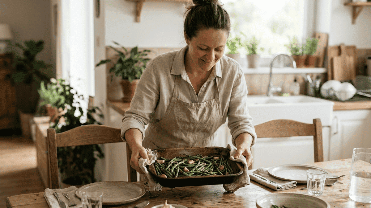 Woman serving a tray of roasted green beans, green beans benefits