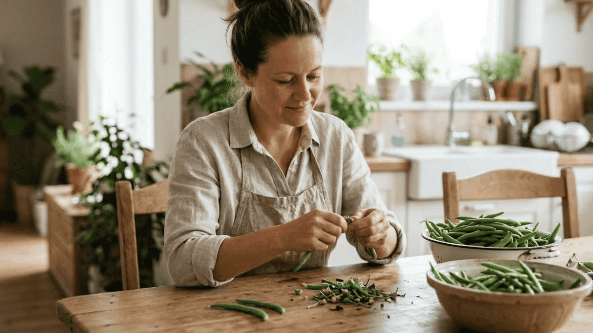Woman snapping the ends off fresh green beans