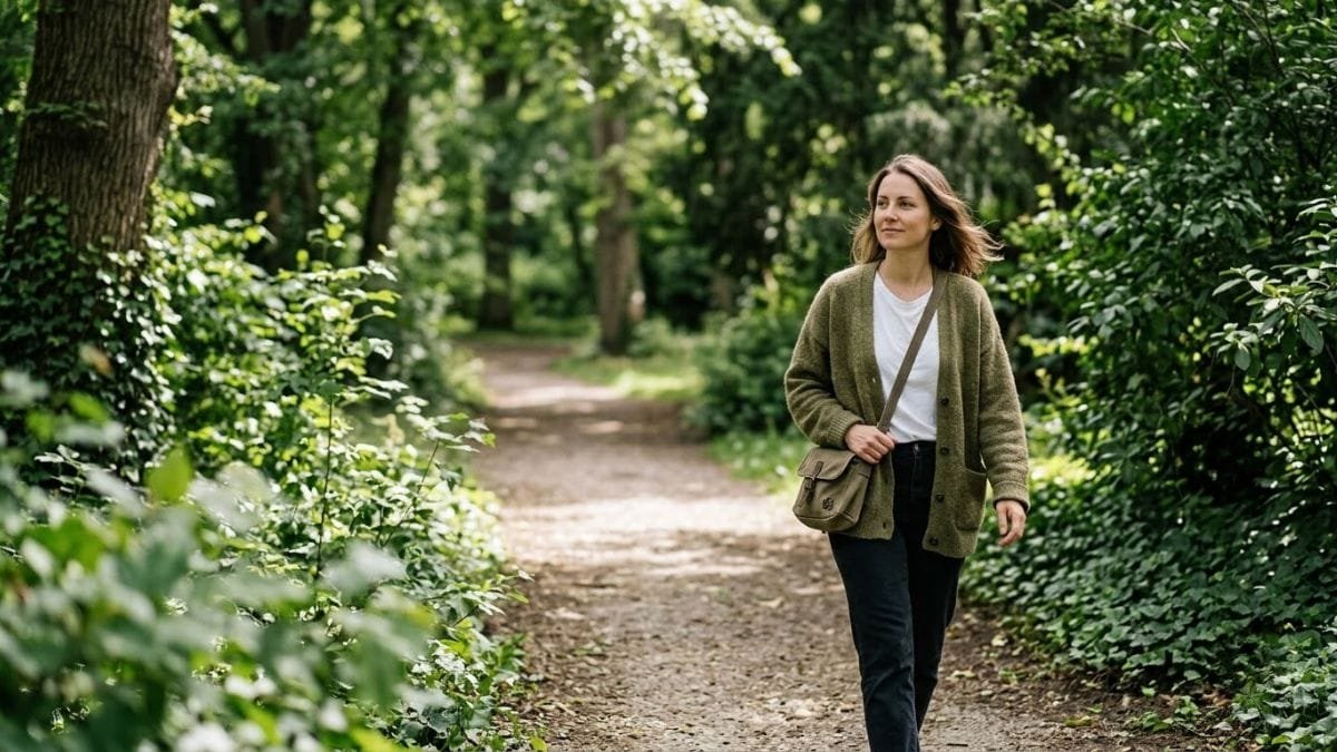 Woman taking a calm walk along a green park path