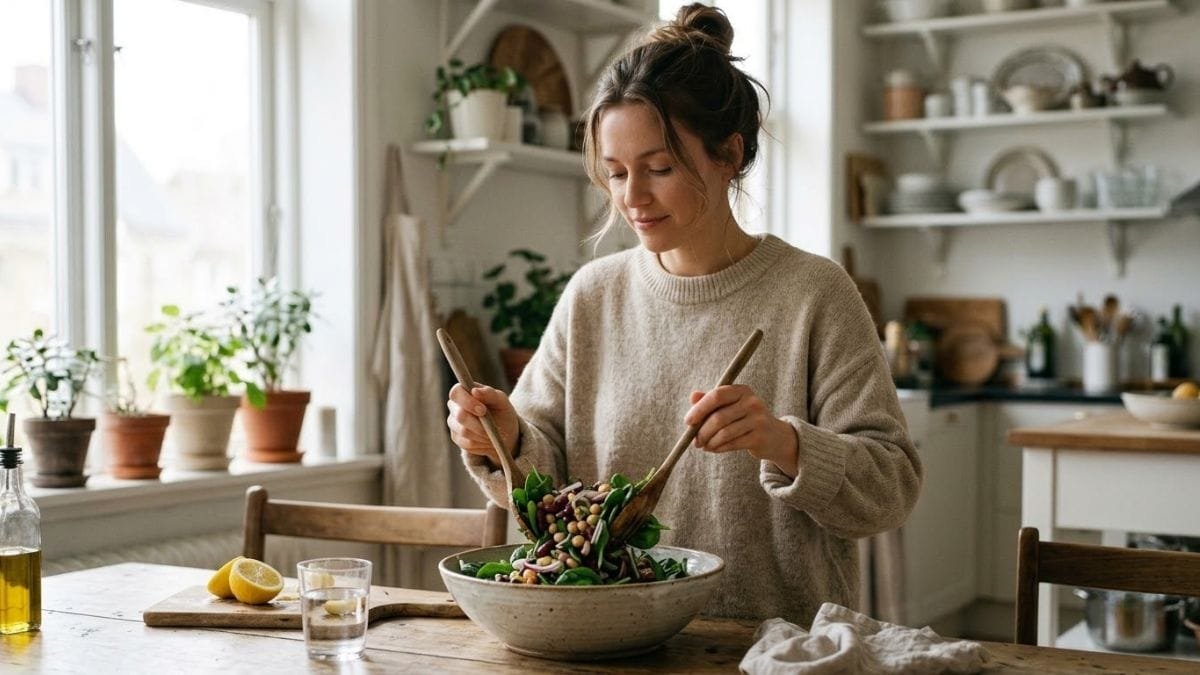 Woman tossing a bean and spinach salad in a large bowl