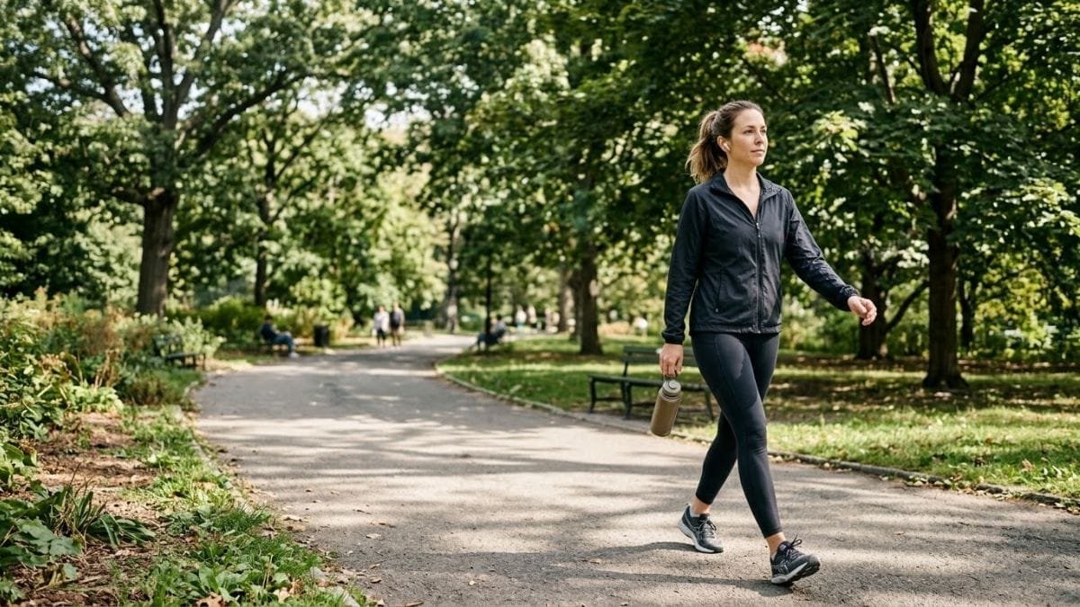 Woman walking briskly along a park path with a water bottle