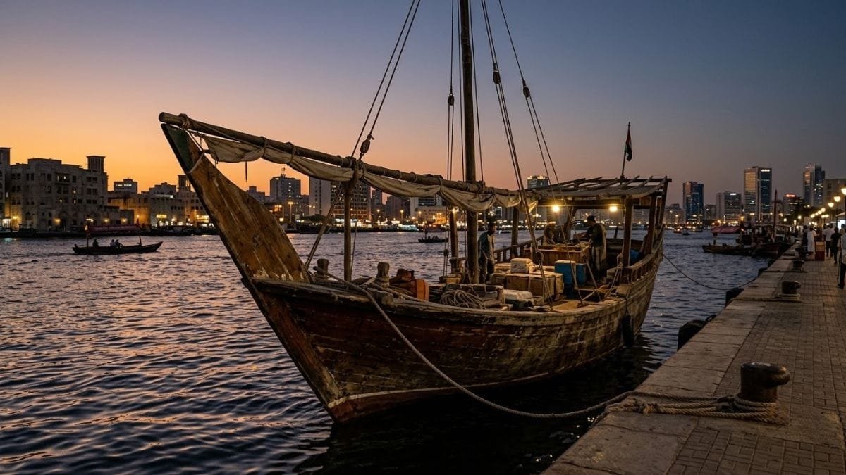 Wooden dhow boat on a creek at dusk with city lights