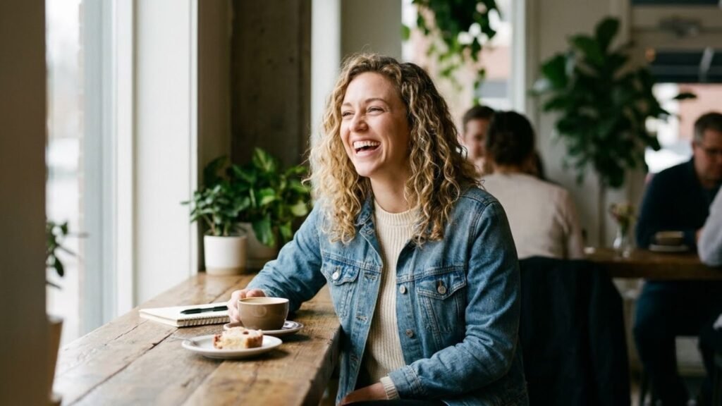 Confident woman laughing at a cafe table, how to make him obsessed with you