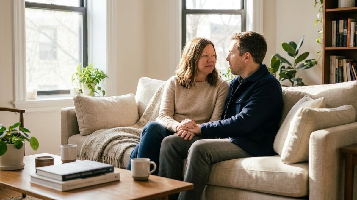 Couple holding hands on a sofa in a calm living room