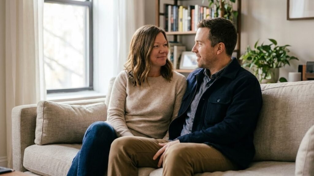 Couple talking calmly on a sofa, how to fix a relationship