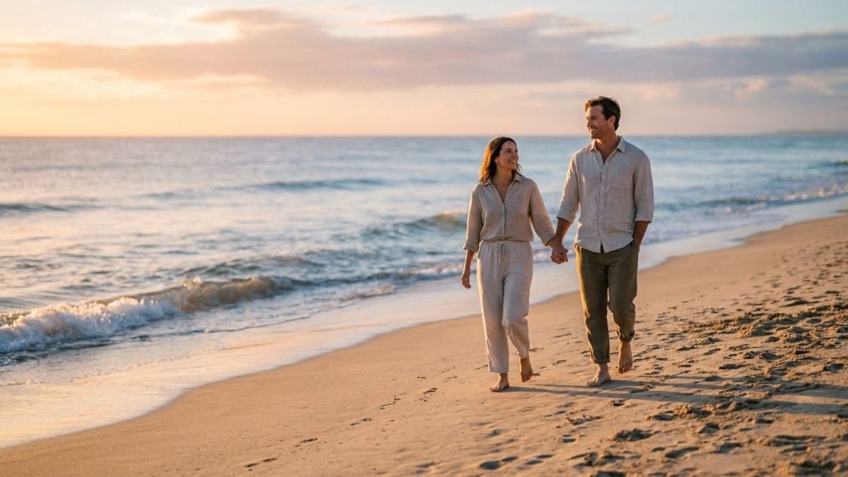 Couple walking together along a quiet beach at sunrise