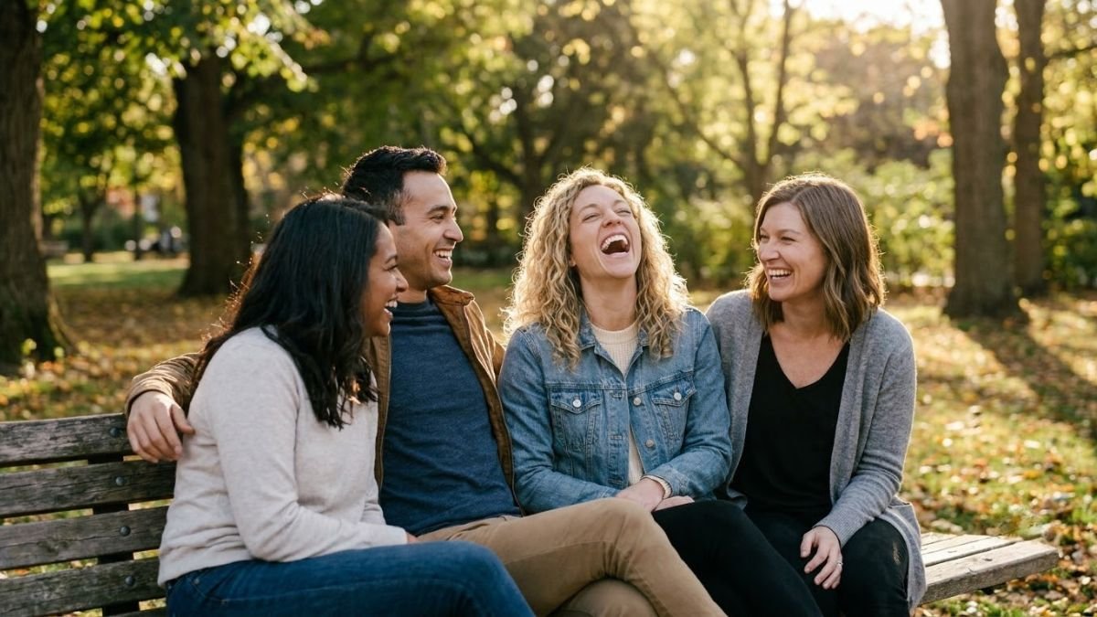 Group of friends laughing together on an outdoor park bench