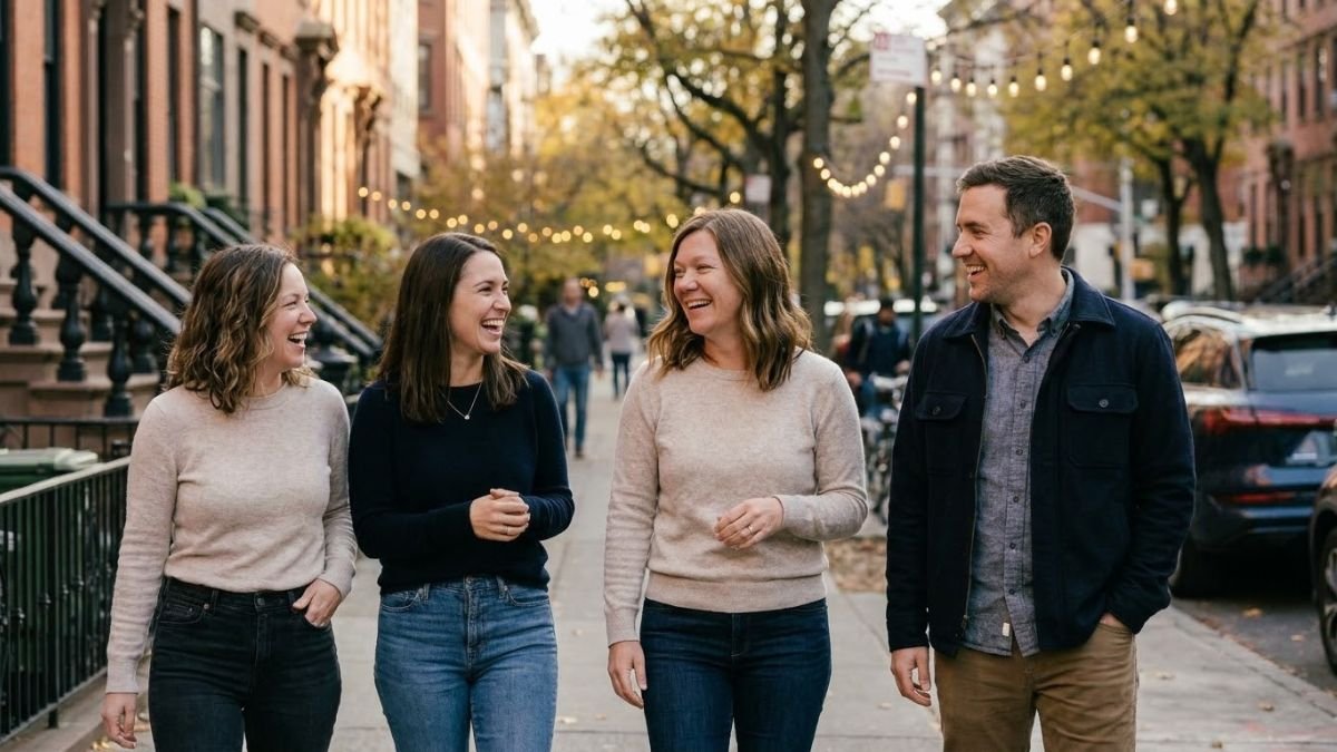 Group of friends walking together along a city street