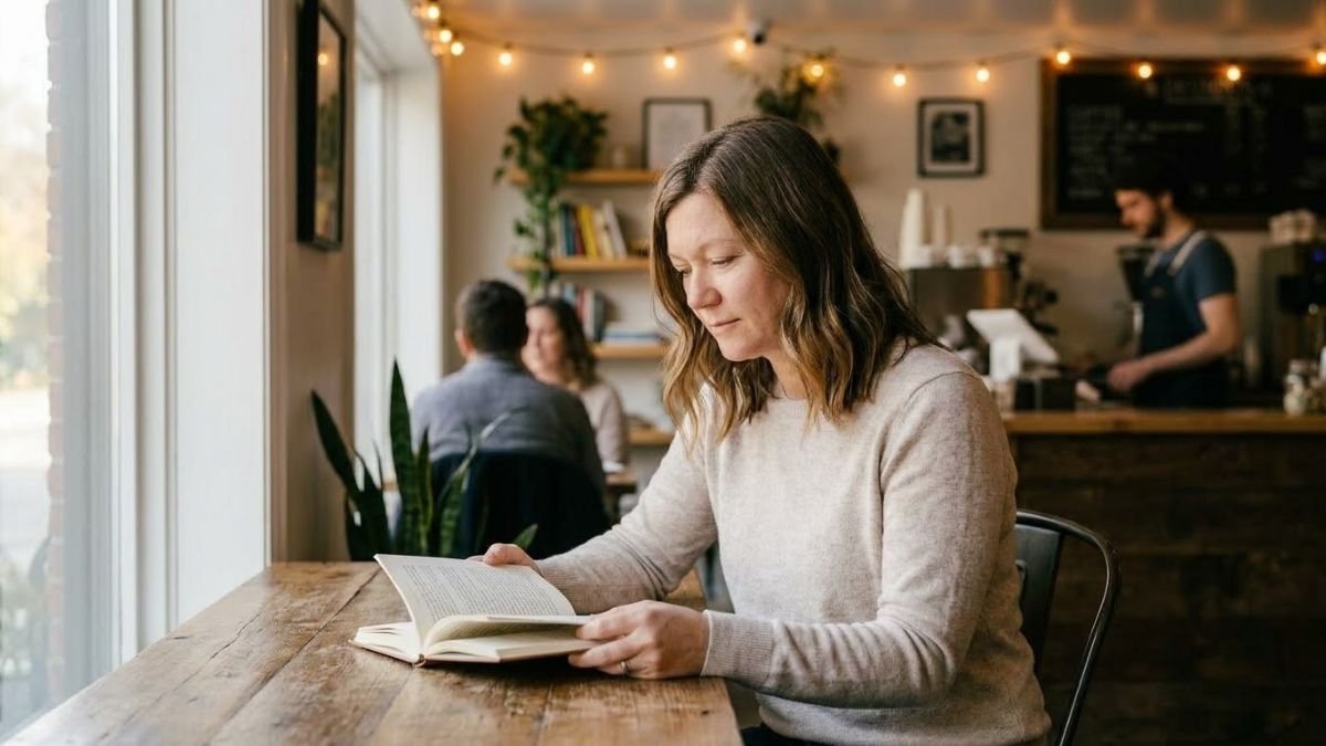 Woman reading a book at a table in a cozy cafe