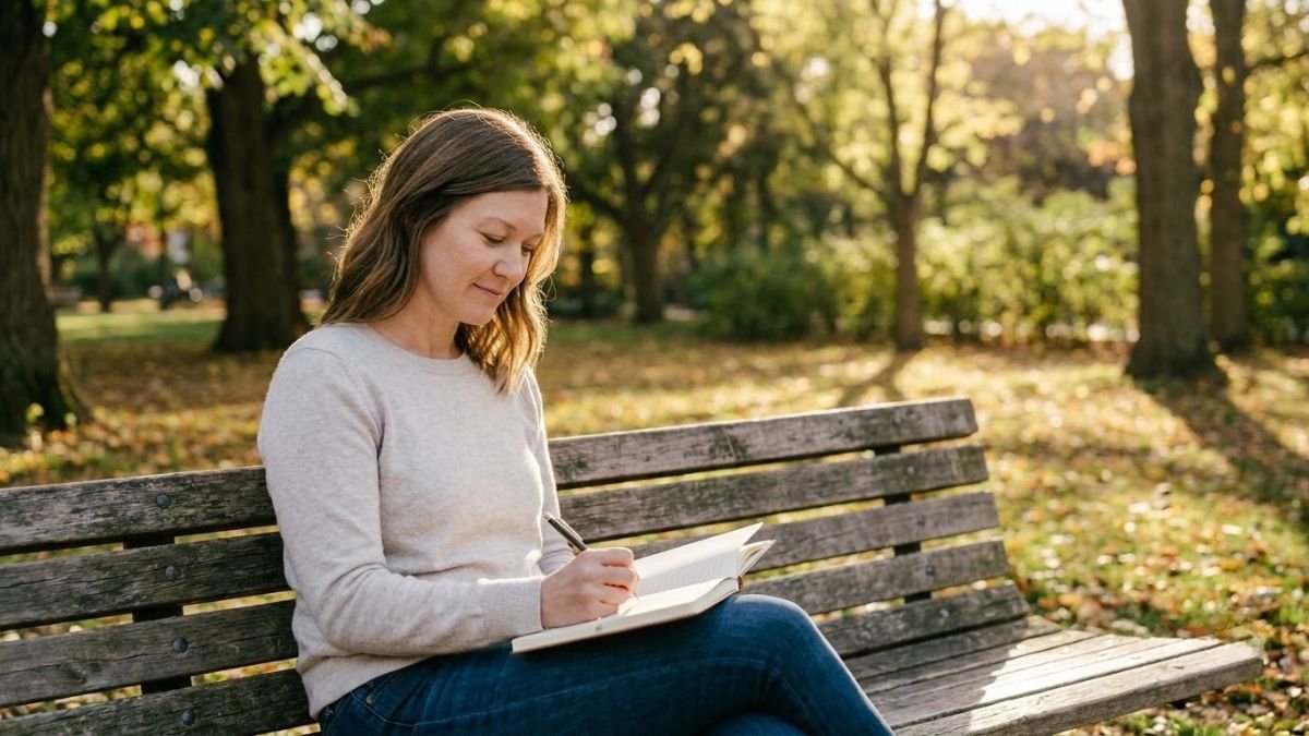 Woman writing in a notebook on a park bench, how to make him obsessed with you