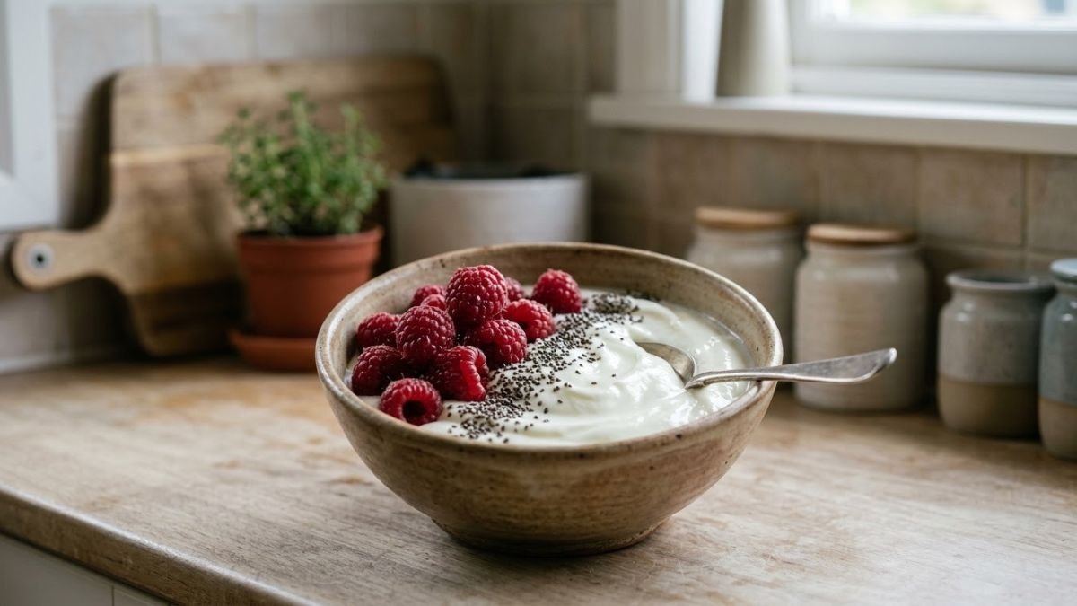 Bowl of plain yogurt topped with raspberries and seeds