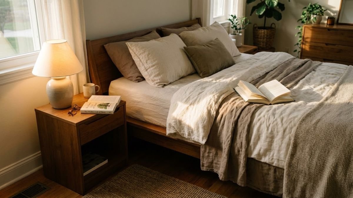 Calm bedroom with soft bedding and a book on the nightstand