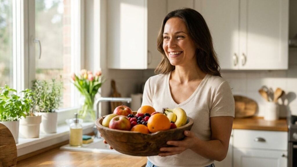Smiling woman holding a bowl of apples, oranges and berries, best fruits for gut health