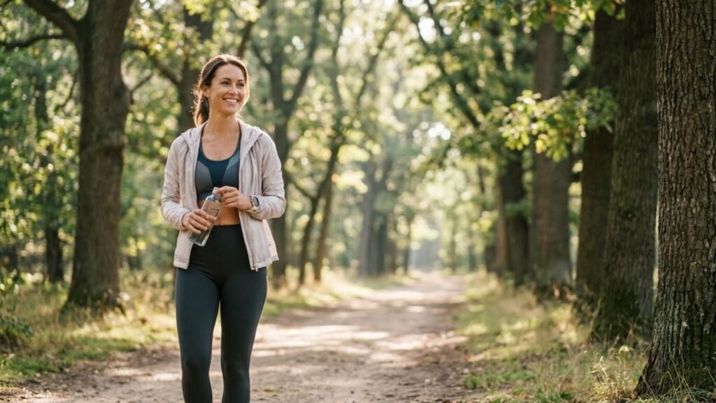 Smiling woman walking on a tree-lined path, healthy lifestyle tips