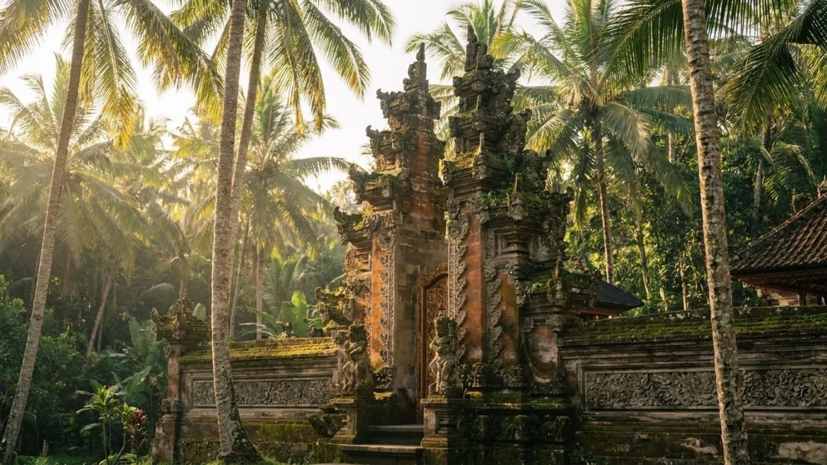 Traditional stone temple gate flanked by palm trees