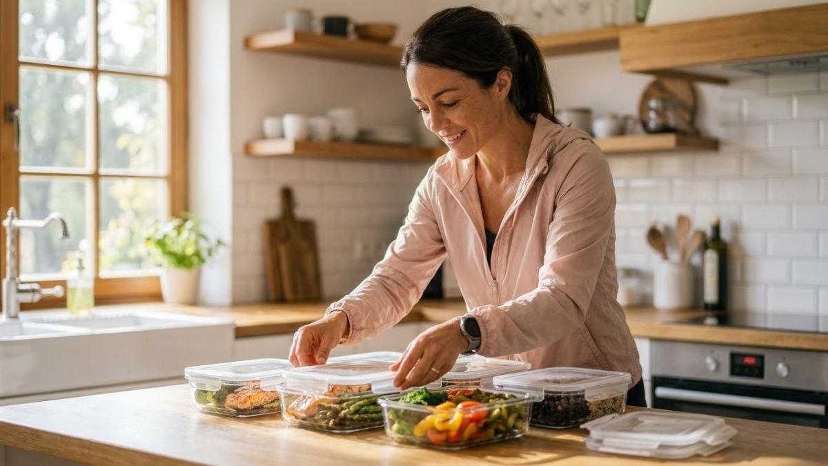 Woman assembling meal prep containers with vegetables and fish