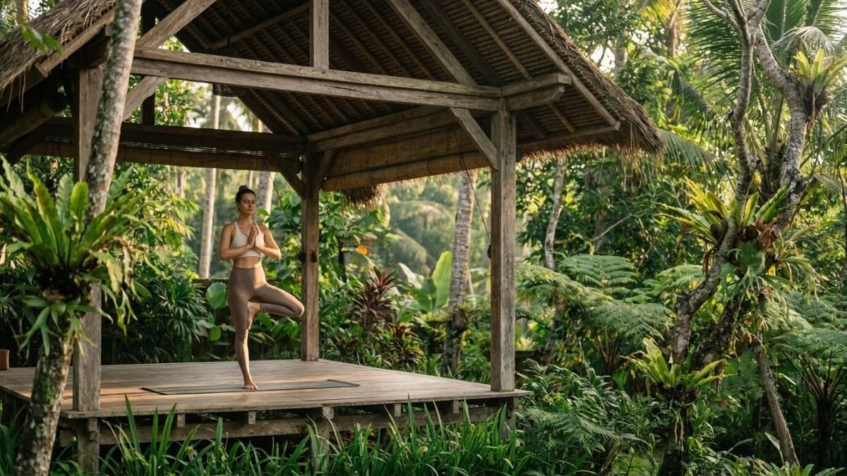 Woman doing yoga in an open-air studio in Ubud, things to do in bali