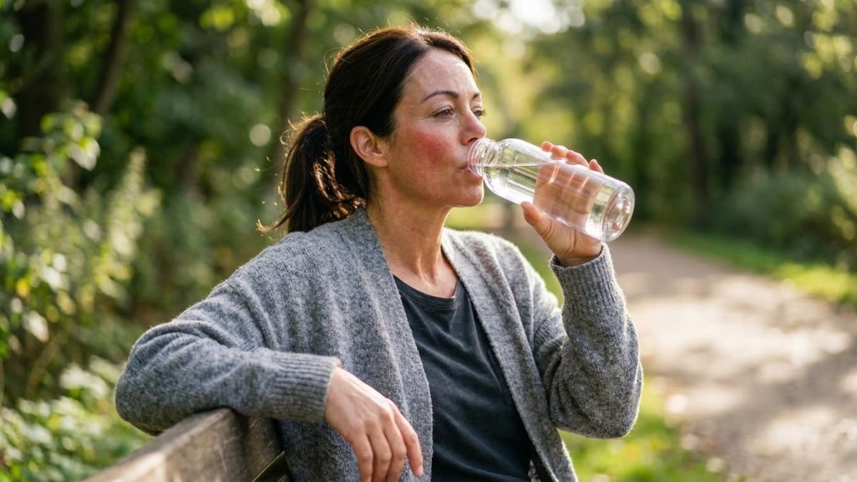 Woman drinking water from a bottle after a park walk