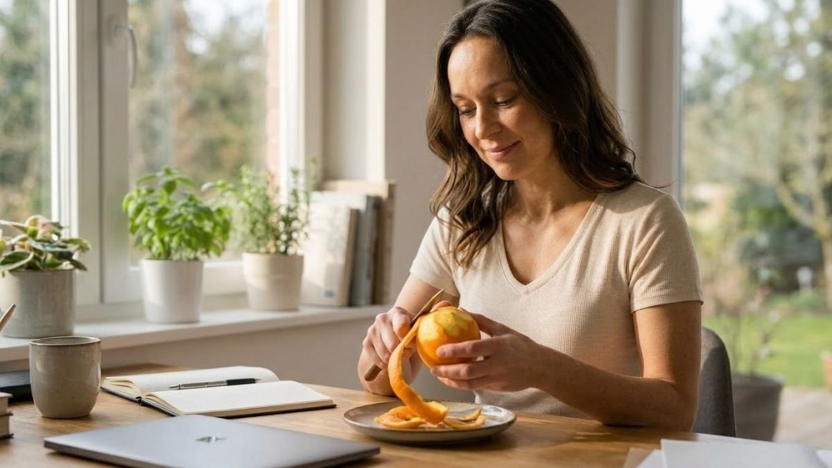 Woman peeling an orange for an afternoon snack, best fruits for gut health