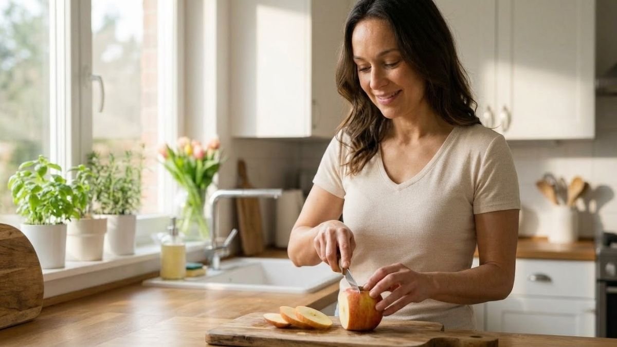  Woman slicing an unpeeled apple on a board