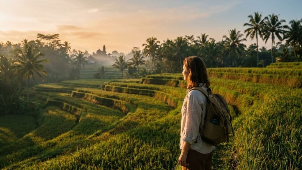 Woman standing on a Bali rice terrace at sunrise, things to do in Bali