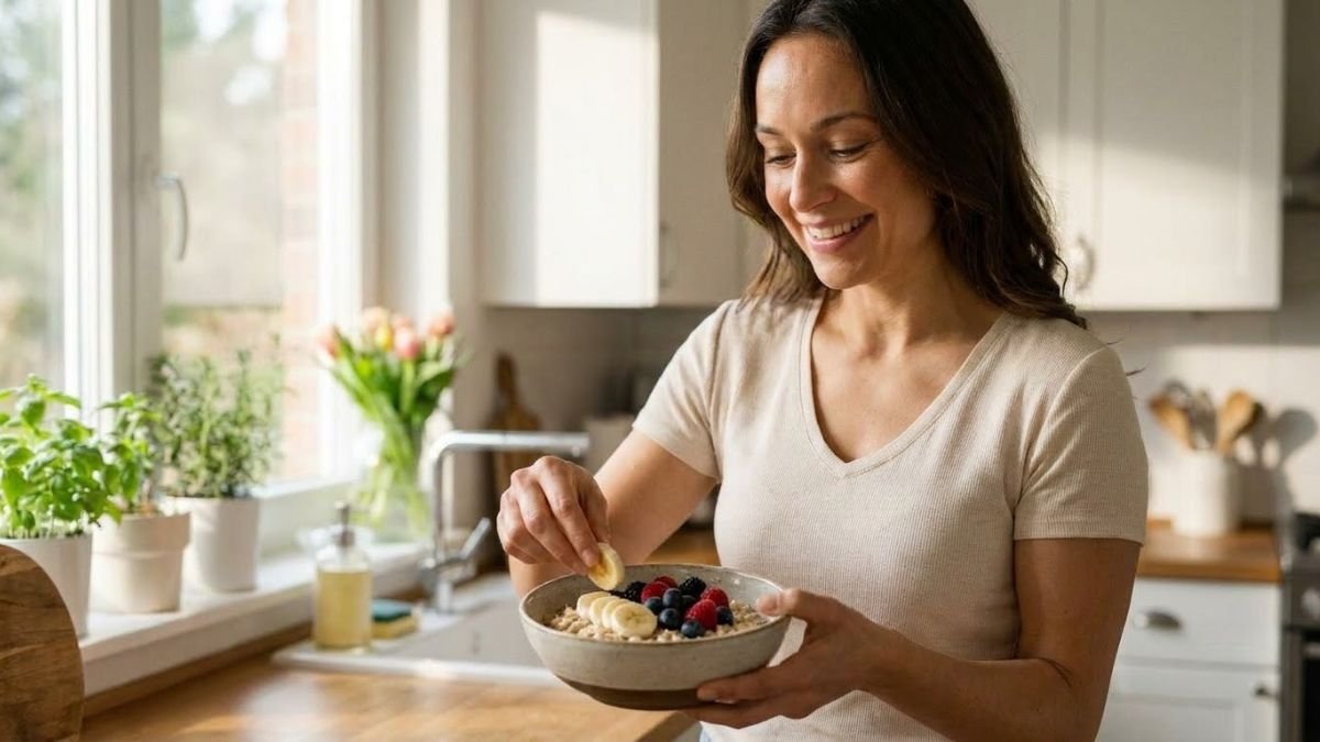 Woman topping oats with banana and berries, best fruits for gut health