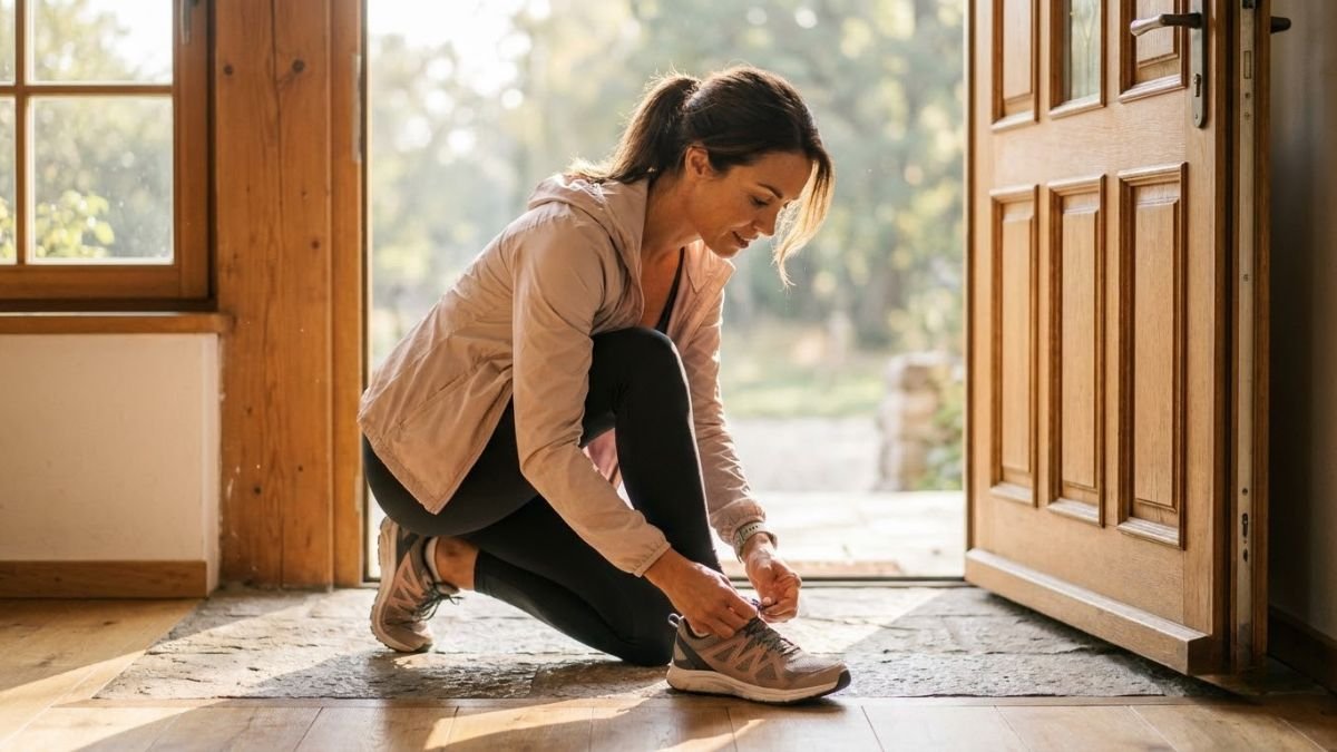 Woman tying her walking shoes before a morning walk, healthy lifestyle tips