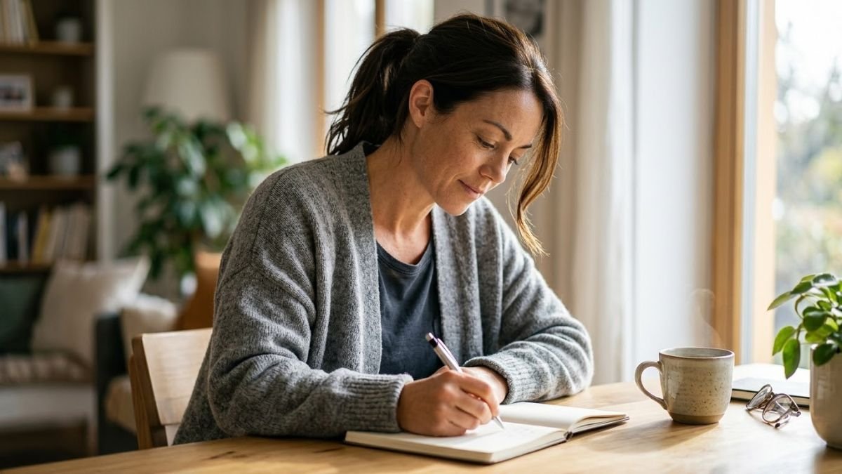 Woman writing weekly goals in a notebook at a sunlit desk, healthy lifestyle tips