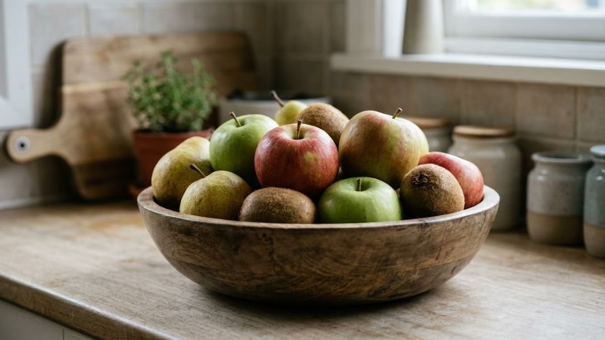 Wooden bowl of apples, pears and kiwi on a kitchen counter