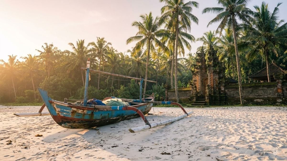 Wooden fishing boat on a white sand beach at sunrise