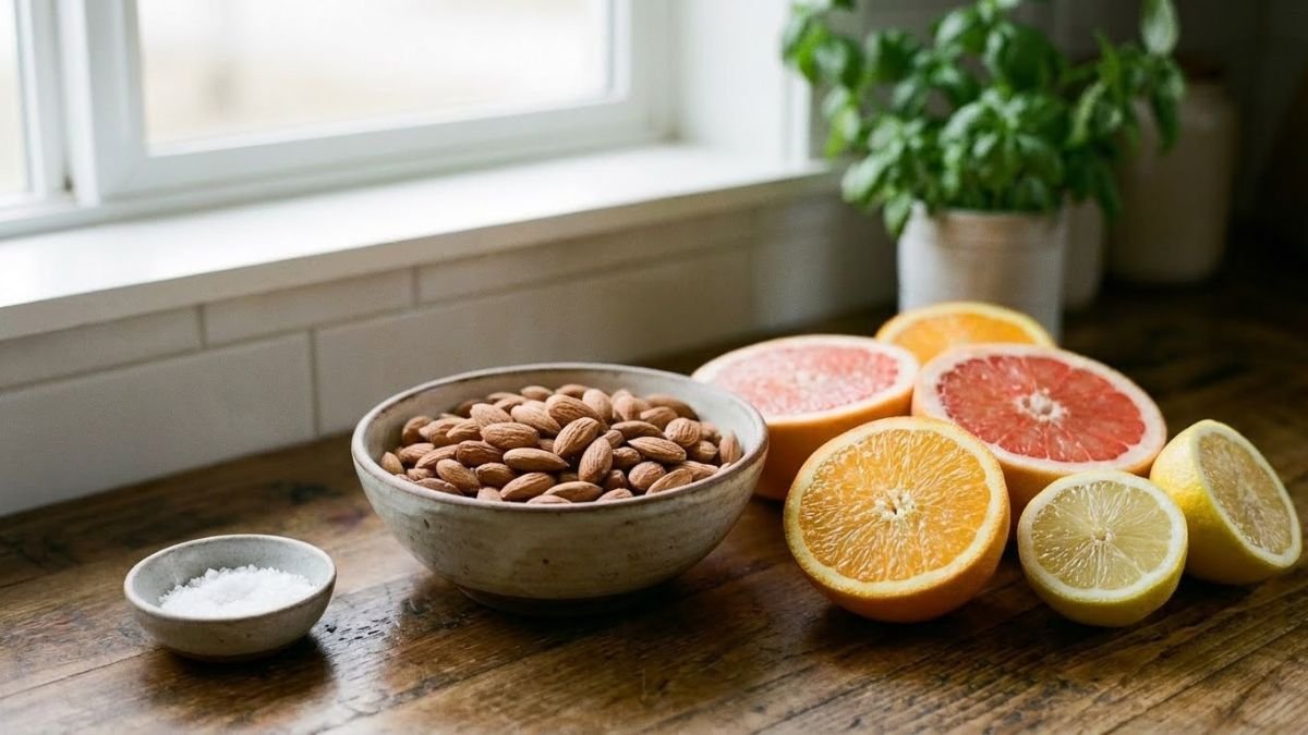 Bowl of almonds beside halved citrus fruit on a counter