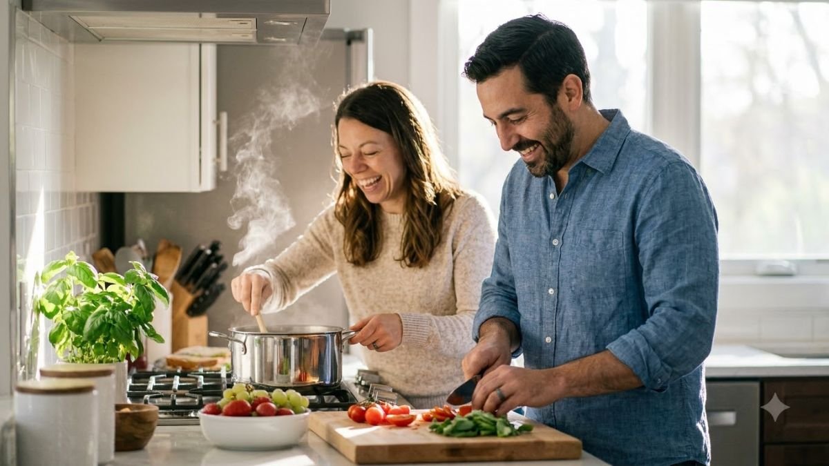 Couple cooking dinner together in a bright kitchen, qualities of a healthy relationship