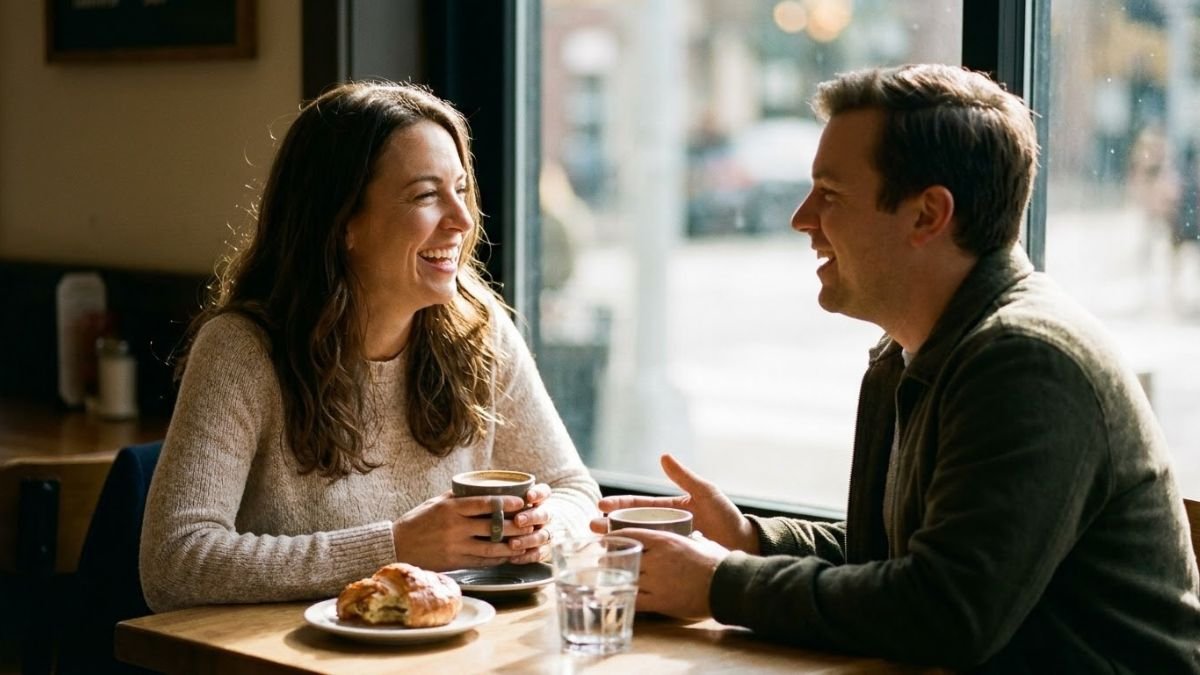 Couple in relaxed conversation at a cafe table, qualities of a healthy relationship